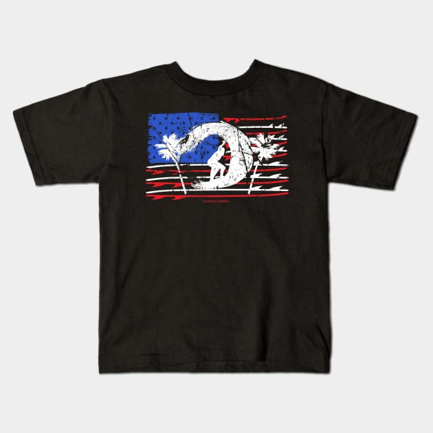 Surfing American Flag Surfboard Design Kids T-Shirt by YouthfulGeezer